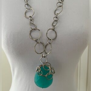 LIA SOPHIA Shoreline Necklace Blue Faceted Oval Pendant Silver Tone Metal Links